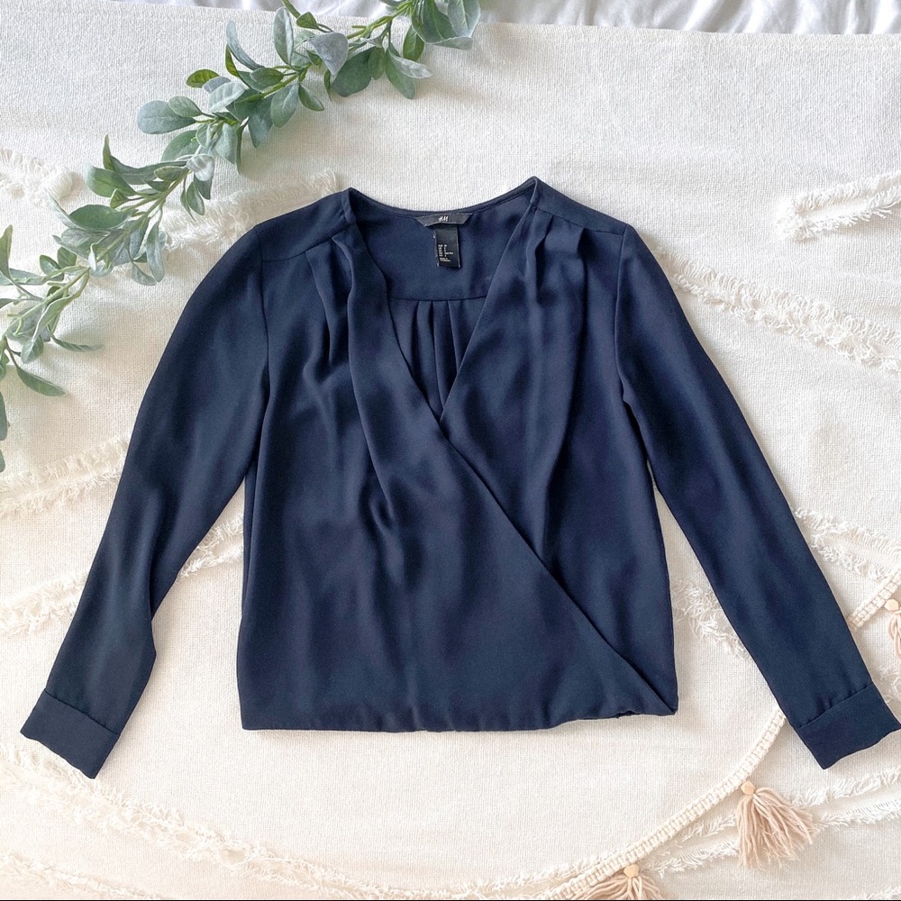 Navy blue v-neck surplice blouse long sleeve shirt